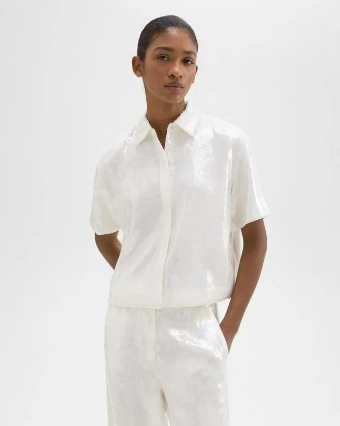 Tops Women Theory Cropped ShortSleeve Shirt In Recycled Sequins White