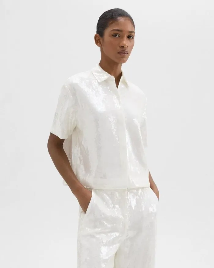 Tops Women Theory Cropped ShortSleeve Shirt In Recycled Sequins White Tops Women Theory Cropped ShortSleeve Shirt In Recycled Sequins White