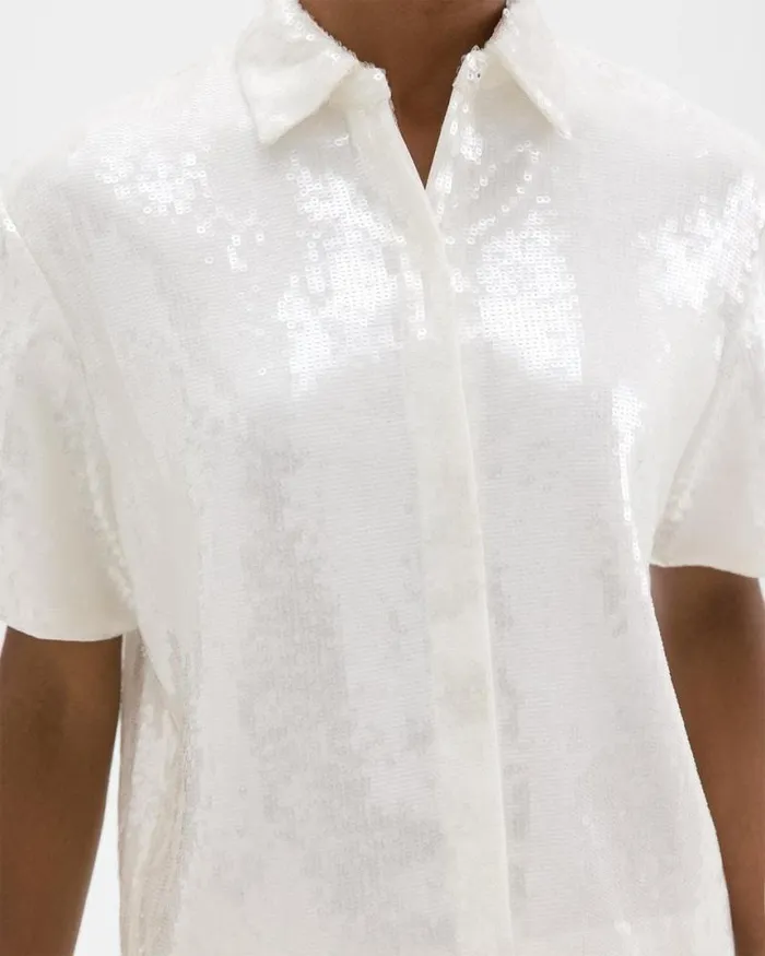 Tops Women Theory Cropped ShortSleeve Shirt In Recycled Sequins White Tops Women Theory Cropped ShortSleeve Shirt In Recycled Sequins White