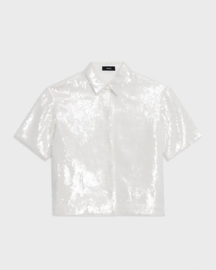 Tops Women Theory Cropped ShortSleeve Shirt In Recycled Sequins White Tops Women Theory Cropped ShortSleeve Shirt In Recycled Sequins White