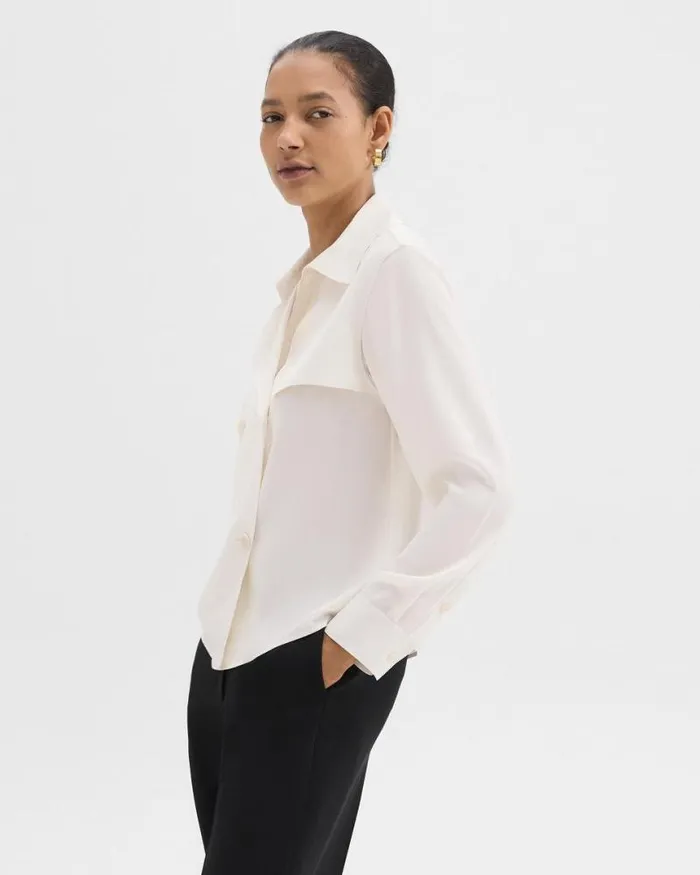 Tops Women Theory Trench Blouse In Recycled Georgette Ivory Tops Women Theory Trench Blouse In Recycled Georgette Ivory