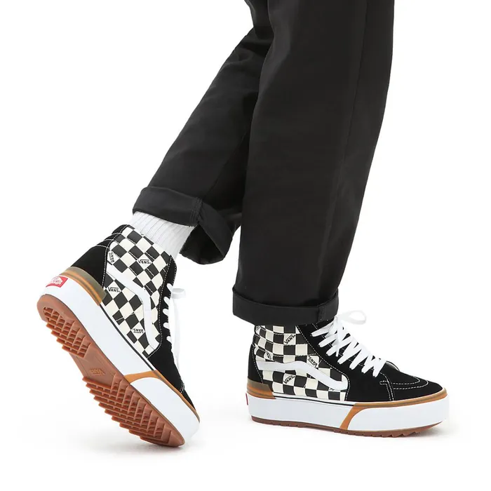 Vans Classics Women Checkerboard Sk8Hi Stacked Shoes Black White
