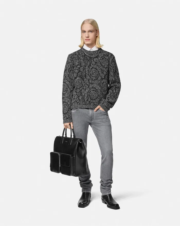 Versace Barocco CableKnit Sweater Black Men Knitwear