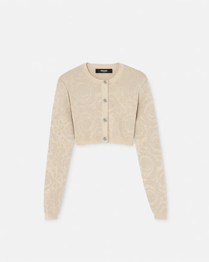 Versace Barocco Lurex Crop Knit Cardigan Beige Women Knitwear