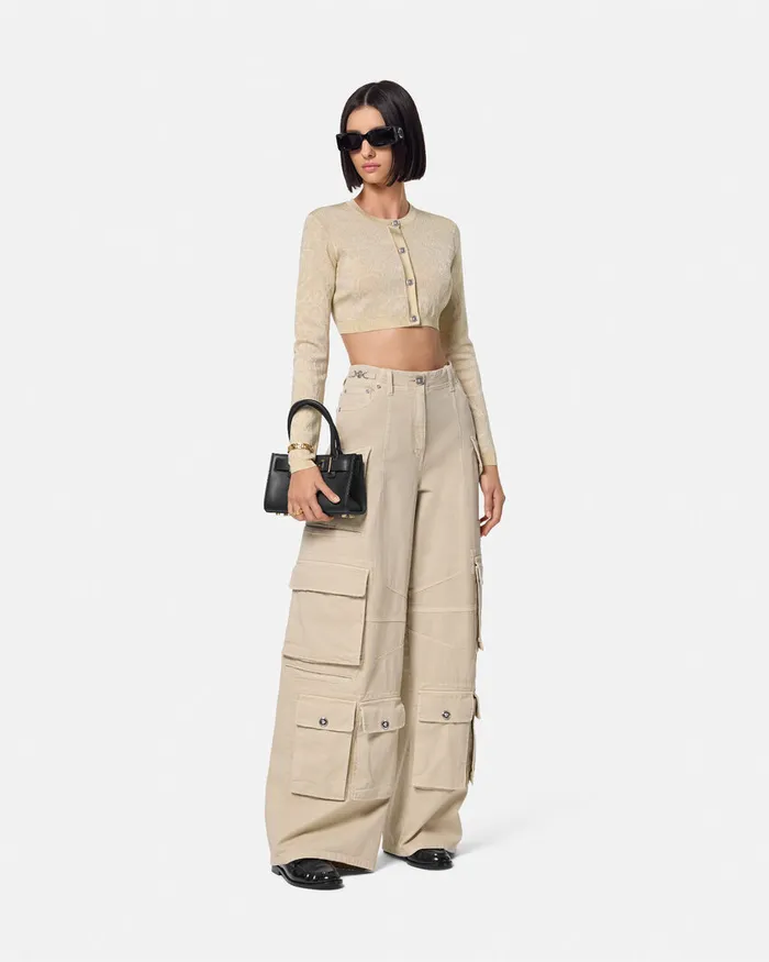 Versace Barocco Lurex Crop Knit Cardigan Beige Women Knitwear