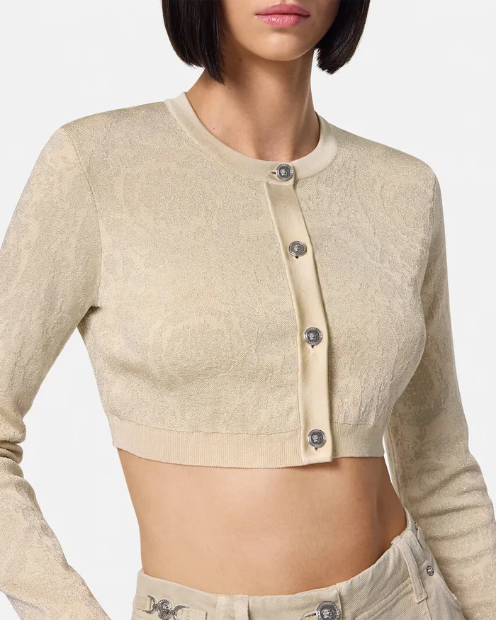 Versace Barocco Lurex Crop Knit Cardigan Beige Women Knitwear