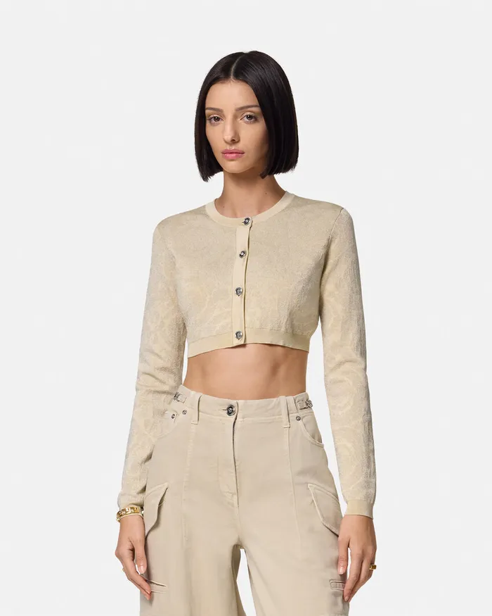 Versace Barocco Lurex Crop Knit Cardigan Beige Women Knitwear