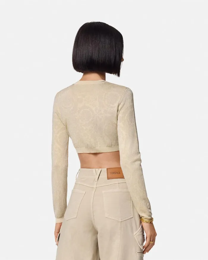Versace Barocco Lurex Crop Knit Cardigan Beige Women Knitwear