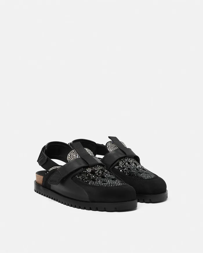 Versace Crystal Suede Mules Black Men Sandals and Slides