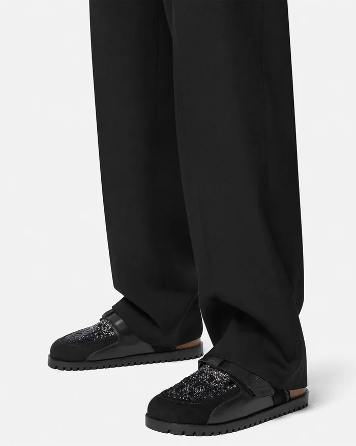 Versace Crystal Suede Mules Black Men Sandals and Slides