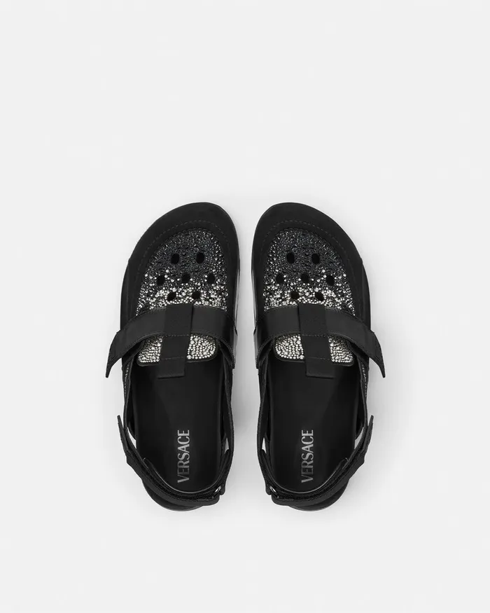 Versace Crystal Suede Mules Black Men Sandals and Slides