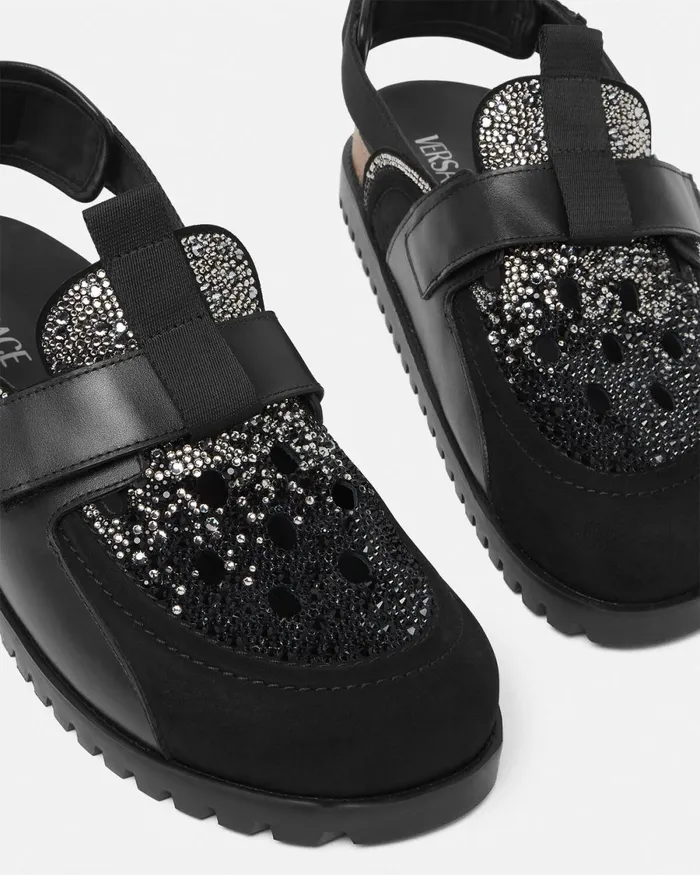 Versace Crystal Suede Mules Black Men Sandals and Slides