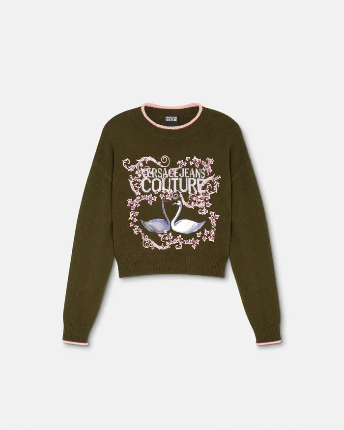 Versace Embroidered Swan Lake Logo Sweater Green Women Jeans Couture