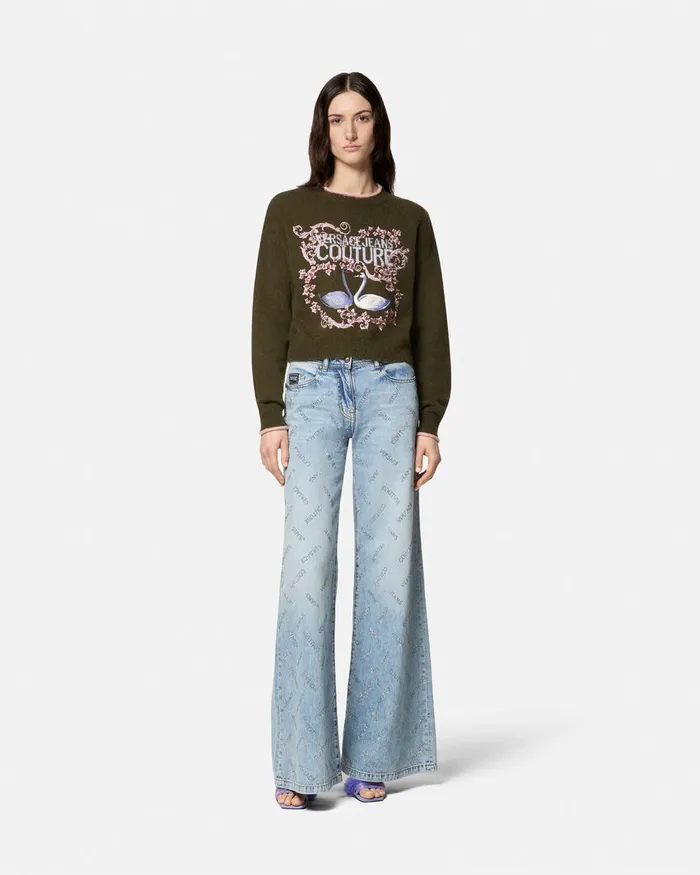 Versace Embroidered Swan Lake Logo Sweater Green Women Jeans Couture