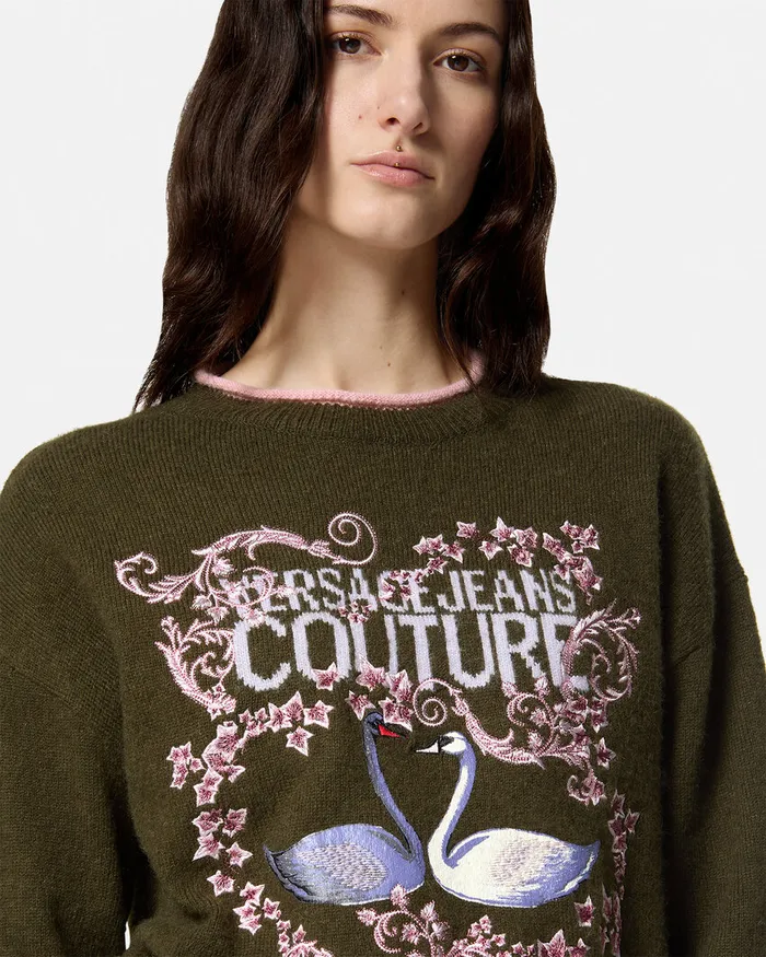 Versace Embroidered Swan Lake Logo Sweater Green Women Jeans Couture