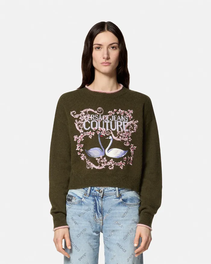 Versace Embroidered Swan Lake Logo Sweater Green Women Jeans Couture