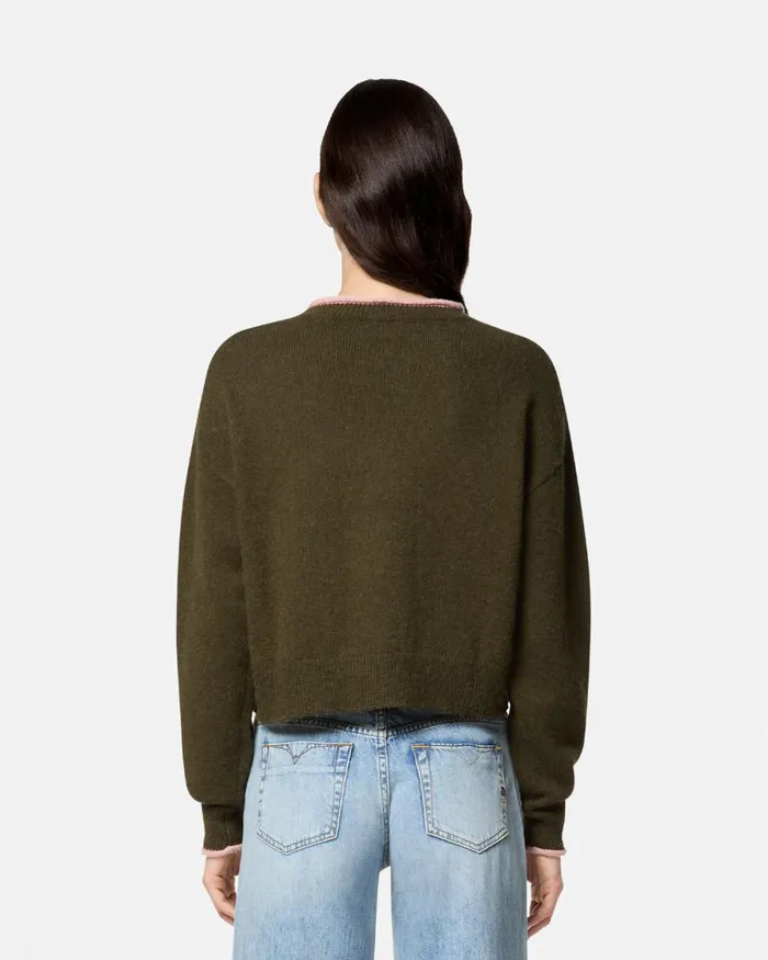 Versace Embroidered Swan Lake Logo Sweater Green Women Jeans Couture