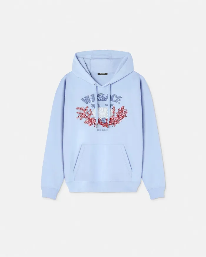 Versace Embroidered University Coral Hoodie Light Blue Men Sweatshirts