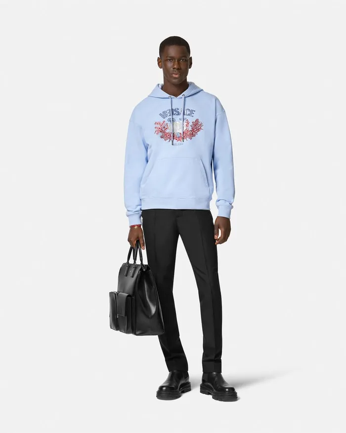 Versace Embroidered University Coral Hoodie Light Blue Men Sweatshirts