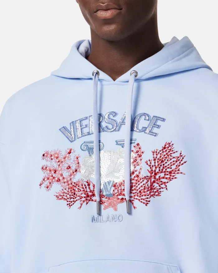Versace Embroidered University Coral Hoodie Light Blue Men Sweatshirts