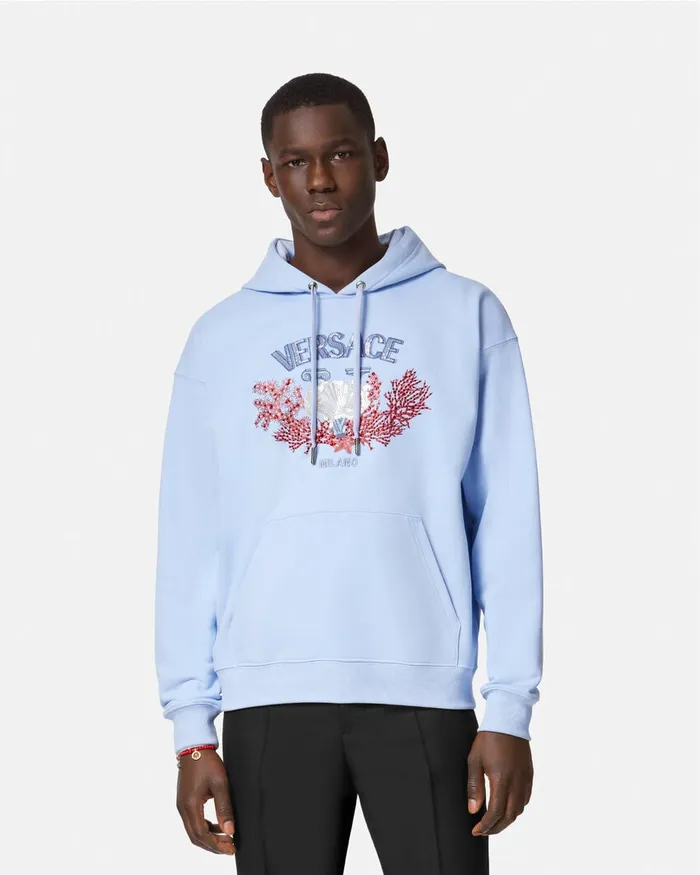 Versace Embroidered University Coral Hoodie Light Blue Men Sweatshirts
