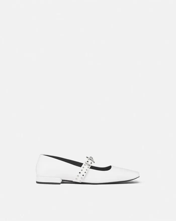 Versace Gianni Ribbon Studded Ballerinas White Women Loafers and Flats