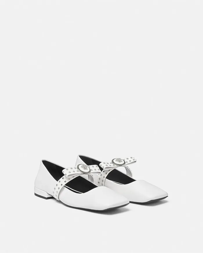 Versace Gianni Ribbon Studded Ballerinas White Women Loafers and Flats