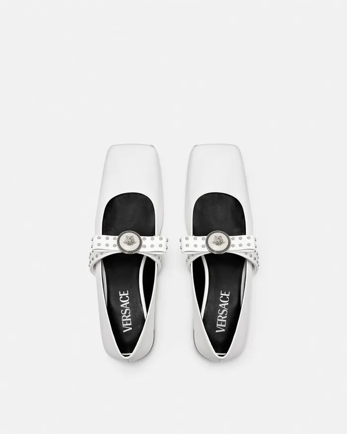 Versace Gianni Ribbon Studded Ballerinas White Women Loafers and Flats