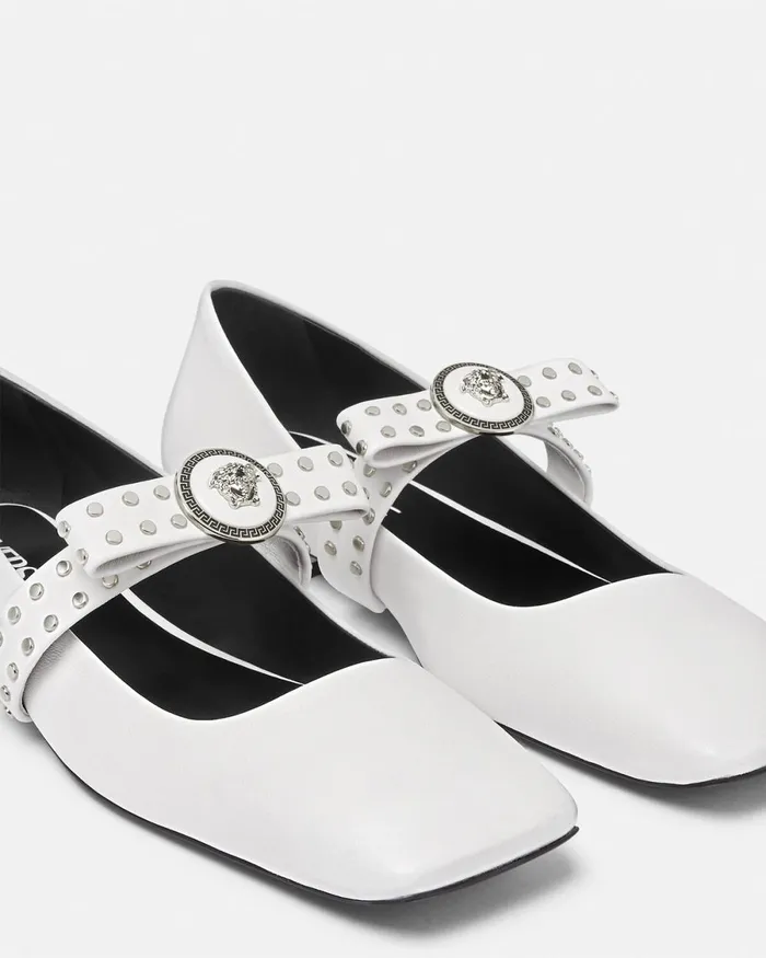 Versace Gianni Ribbon Studded Ballerinas White Women Loafers and Flats