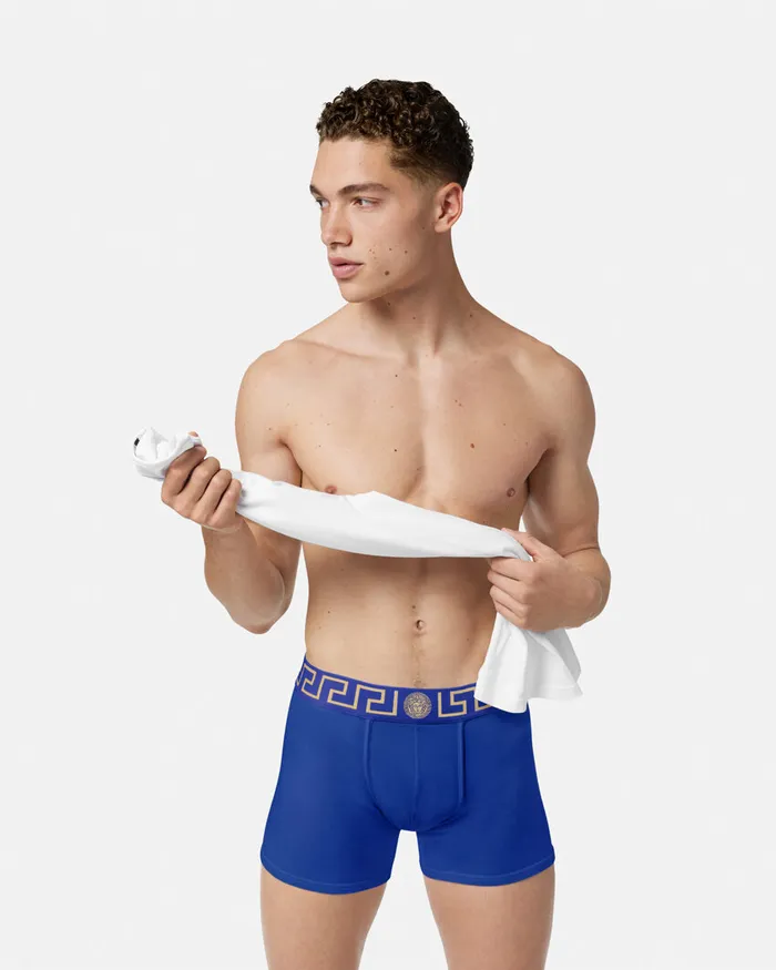 Versace Greca Border Long Trunks Blue Men Boxers