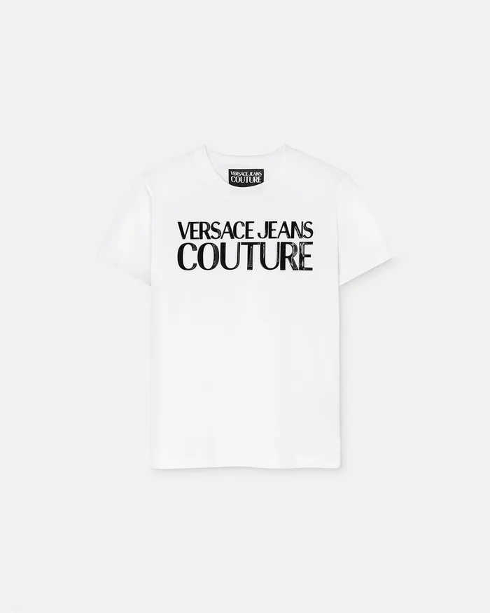 Versace Institutional Logo TShirt Whiteprint Women Jeans Couture