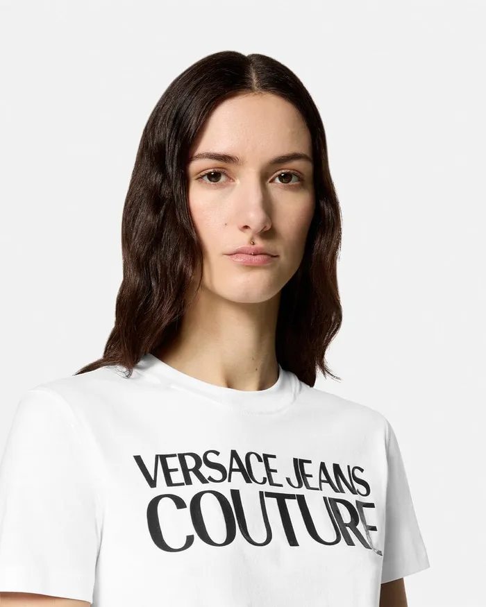 Versace Institutional Logo TShirt Whiteprint Women Jeans Couture