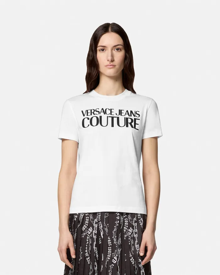 Versace Institutional Logo TShirt Whiteprint Women Jeans Couture