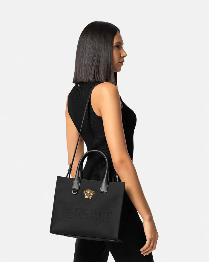 Versace La Medusa Canvas Small Tote Bag Blackgold Women Totes