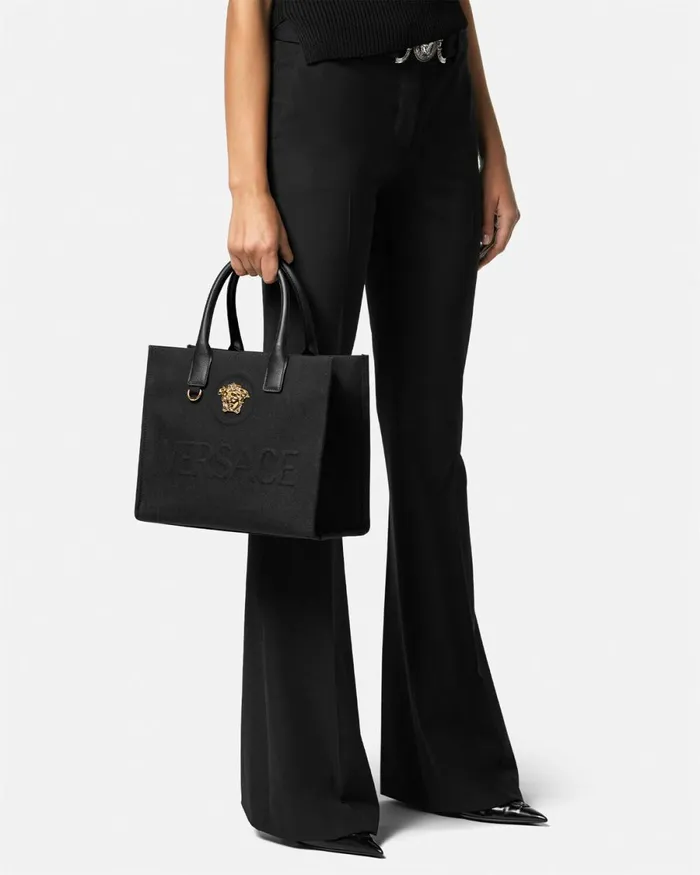 Versace La Medusa Canvas Small Tote Bag Blackgold Women Totes