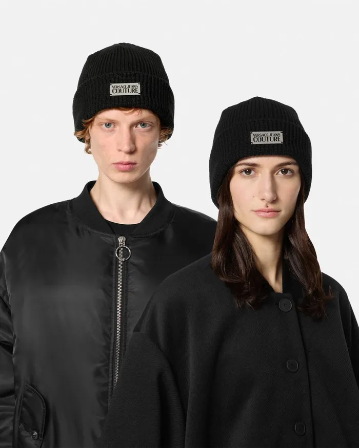 Versace Logo Knit Beanie Blackprint WomenMen Jeans Couture
