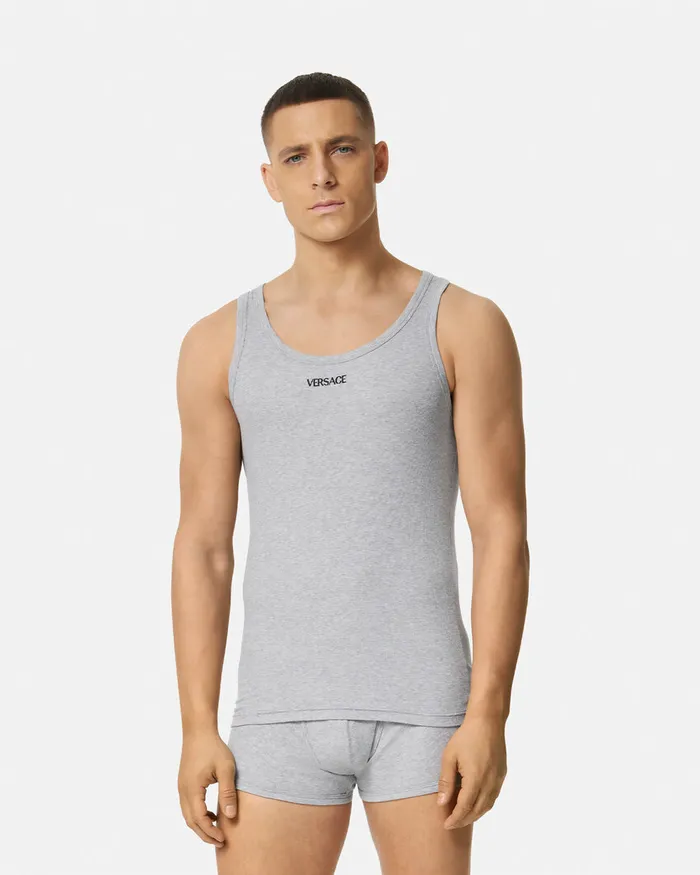 Versace Logo Ribbed Tank Top Gray Men Loungewear and Pajamas