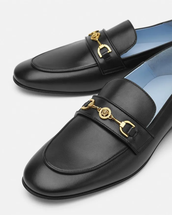 Versace Medusa 03995 Leather Slippers Blackgold Men Loafers and Slippers
