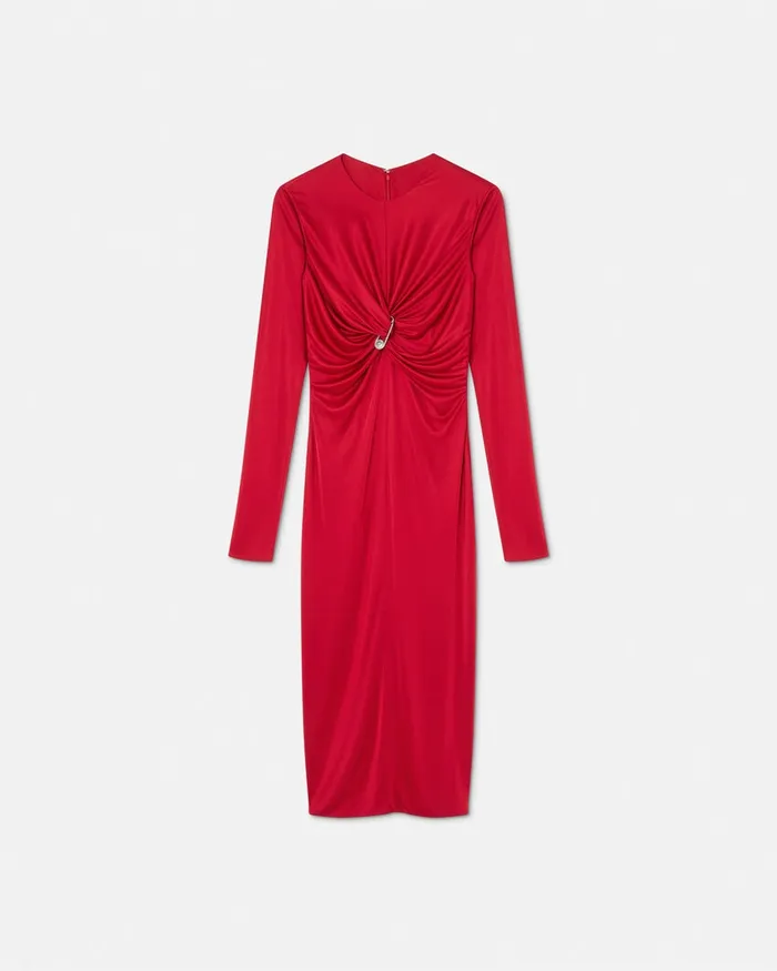 Versace Safety Pin Gathered Fitted Midi Dress Red Women Dresses