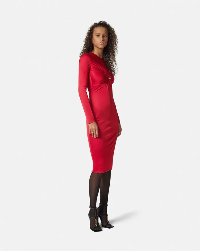 Versace Safety Pin Gathered Fitted Midi Dress Red Women Dresses