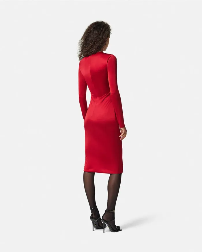 Versace Safety Pin Gathered Fitted Midi Dress Red Women Dresses