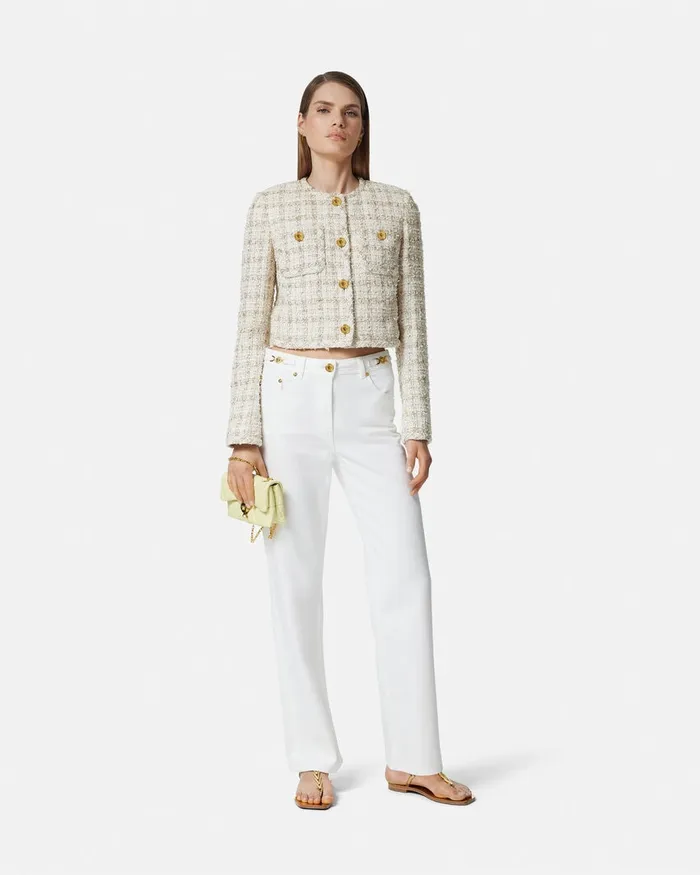Versace Tweed Cardigan Jacket Whitegold Women Blazer and Jackets