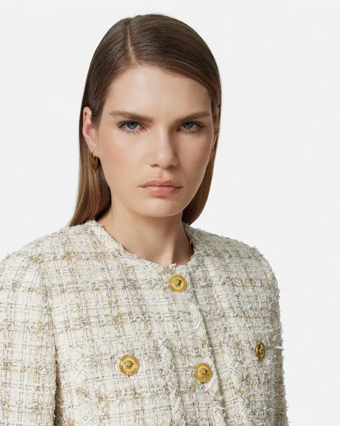 Versace Tweed Cardigan Jacket Whitegold Women Blazer and Jackets