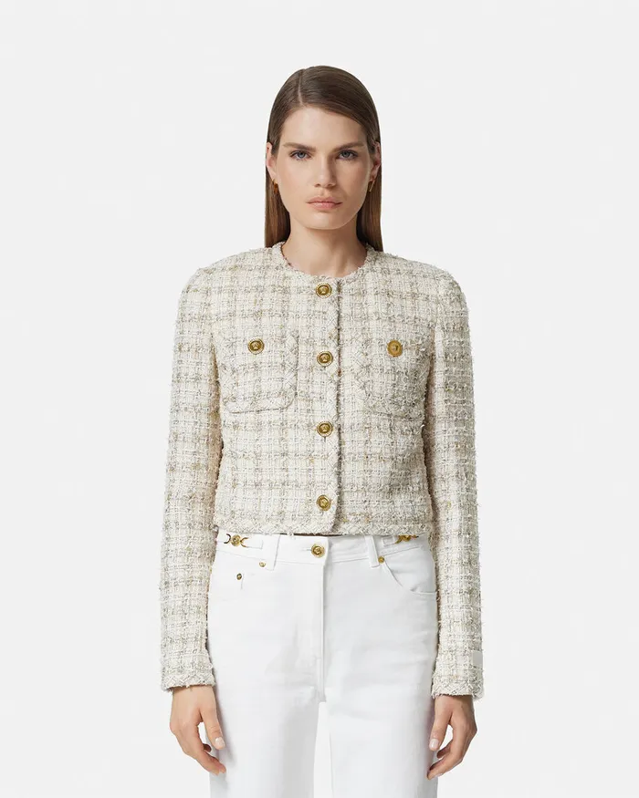 Versace Tweed Cardigan Jacket Whitegold Women Blazer and Jackets