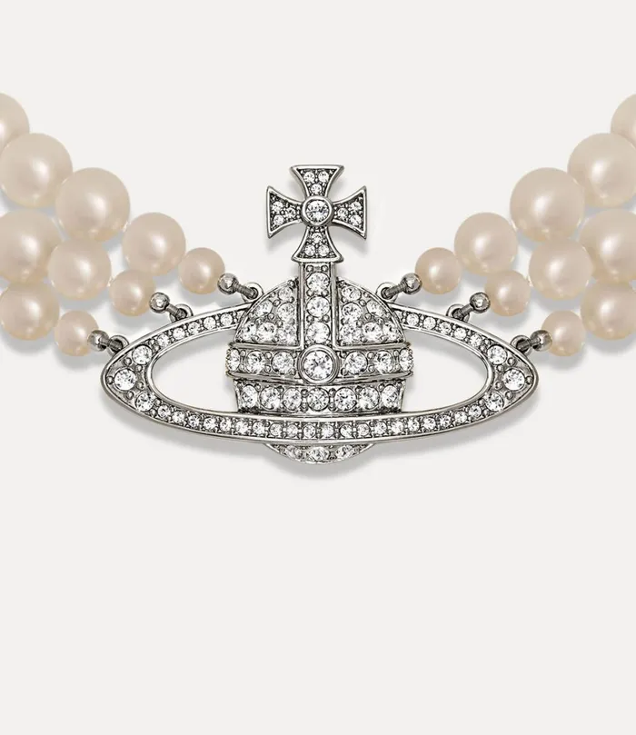 Vivienne Westwood Necklaces Women Three Row Pearl Bas Relief Choker Platinumpearlcrystal