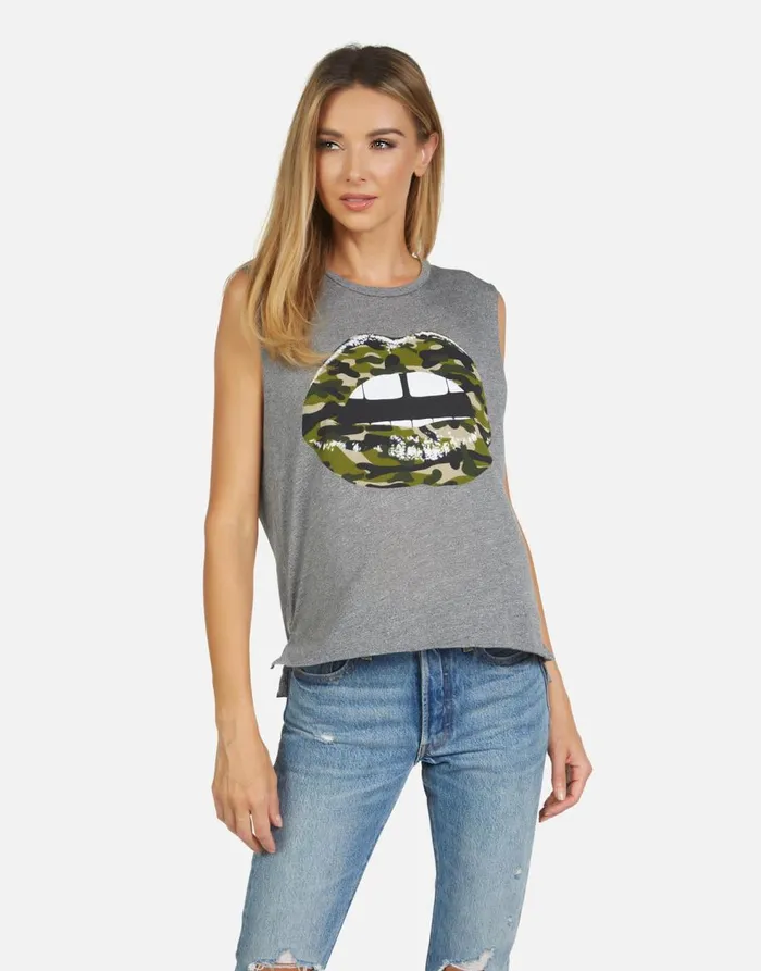 Women039s Kinzington Camo Lip Heather Grey Lauren Moshi Tanks
