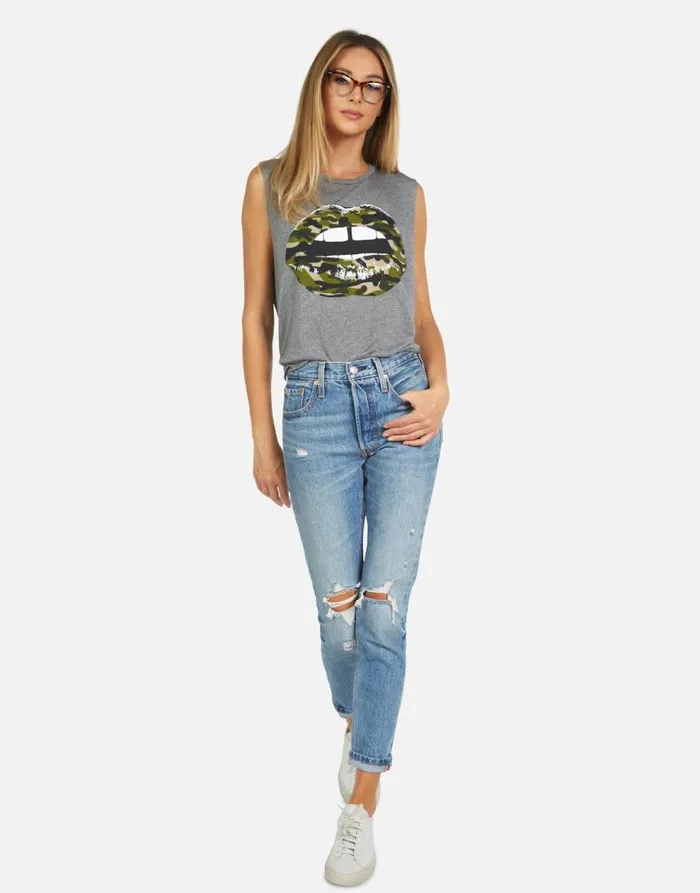 Women039s Kinzington Camo Lip Heather Grey Lauren Moshi Tanks