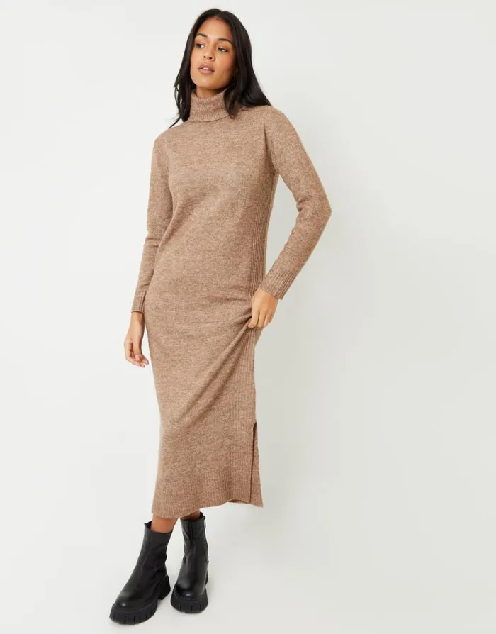 Women Beige Knitted Roll Neck Maxi Dress Threadbare Knitted Dresses
