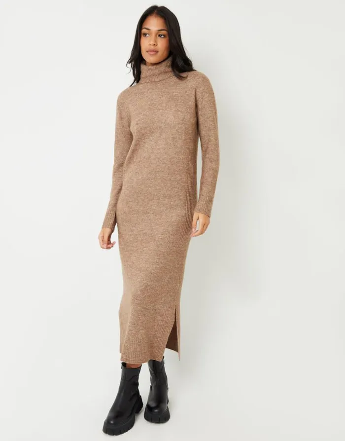 Women Beige Knitted Roll Neck Maxi Dress Threadbare Knitted Dresses Women Beige Knitted Roll Neck Maxi Dress Threadbare Knitted Dresses