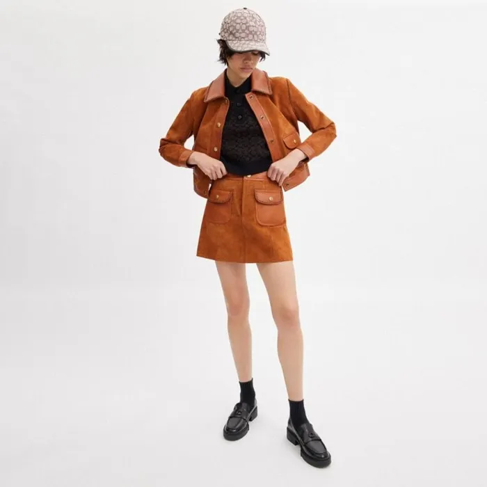 Women Bottoms Coach Braided Suede Mini Skirt Burnished Amber